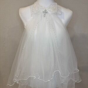 White First Communion Veil with Rhinestone Cross Bow and Pearl Accents